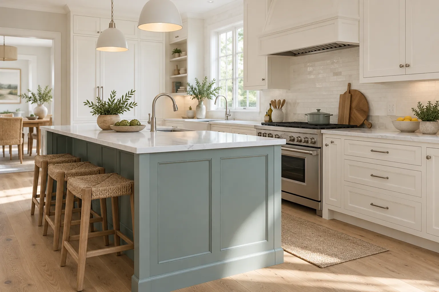 Bright cream kitchen with a blue-green island and woven stools