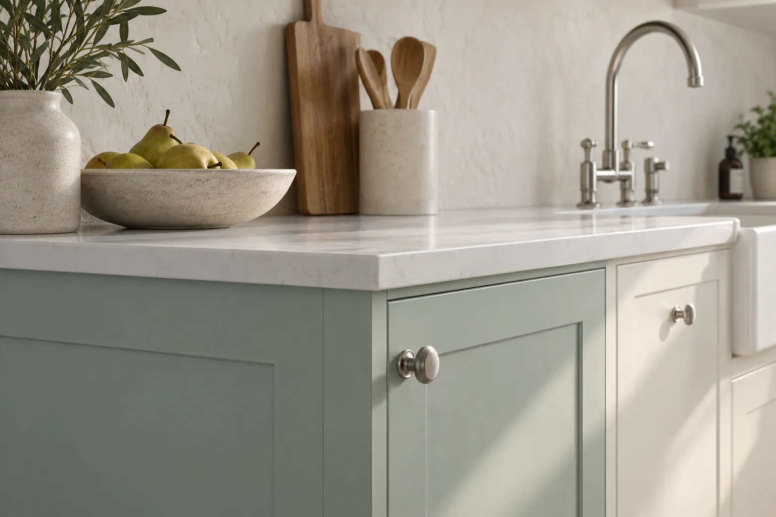Blue-green cabinet doors with round metal pulls beneath a pale countertop