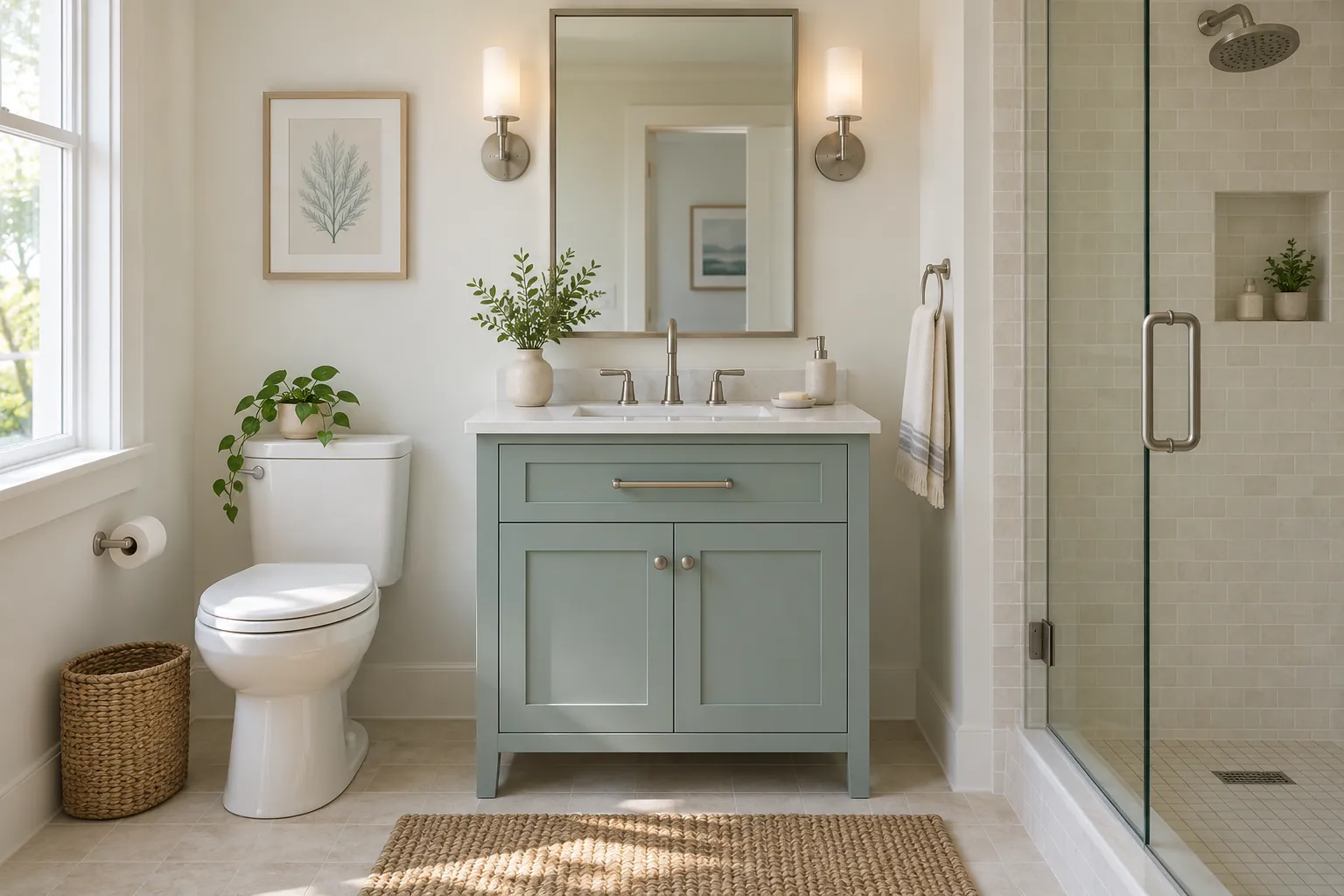 Blue-green vanity with a single basin beside a glass shower